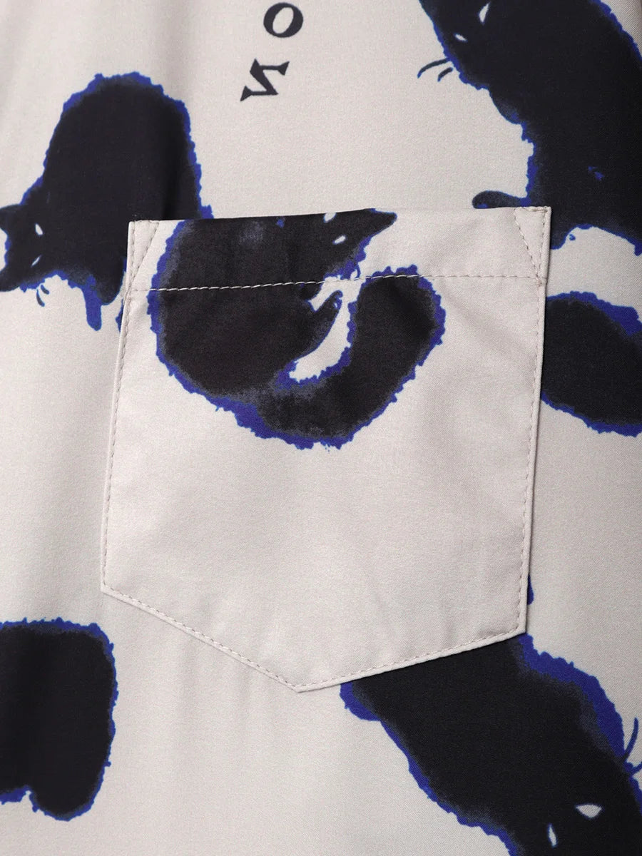 Oversized Loose Cartoon Cat Prinr Hawaii Short Men Shirt Casual Man American Printing Summer Versatile Couple Streetwear