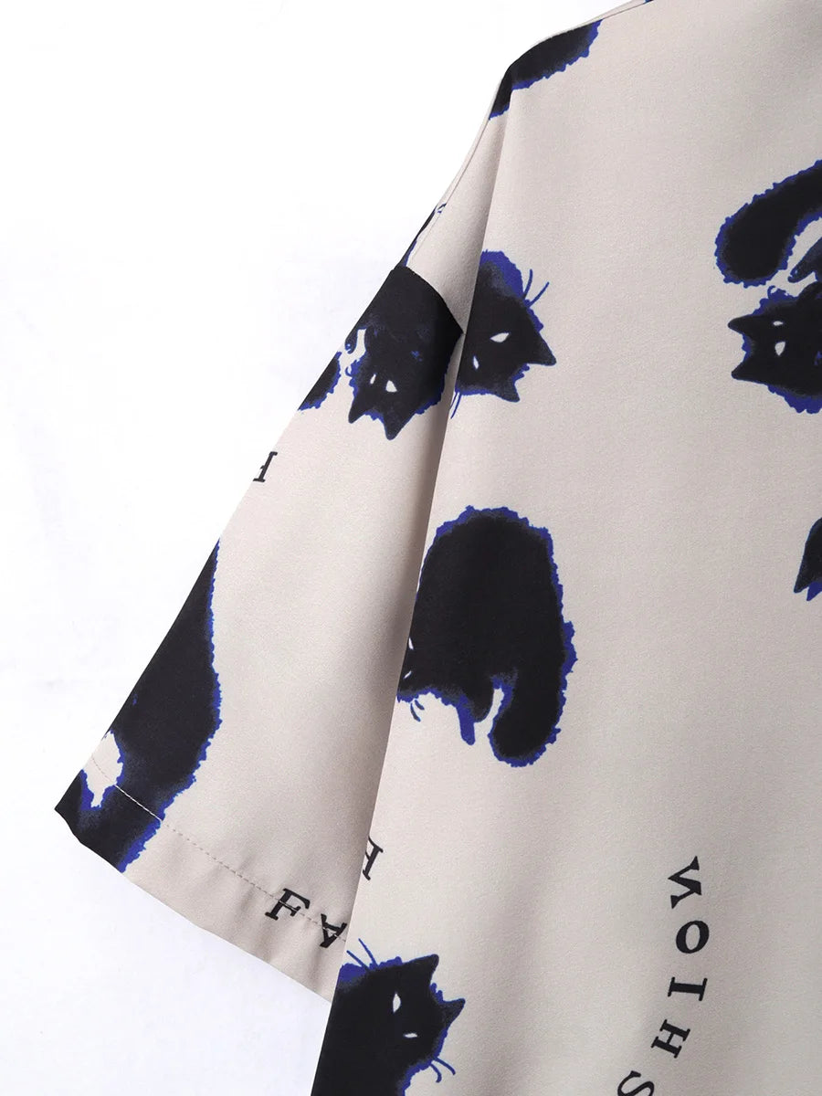 Oversized Loose Cartoon Cat Prinr Hawaii Short Men Shirt Casual Man American Printing Summer Versatile Couple Streetwear