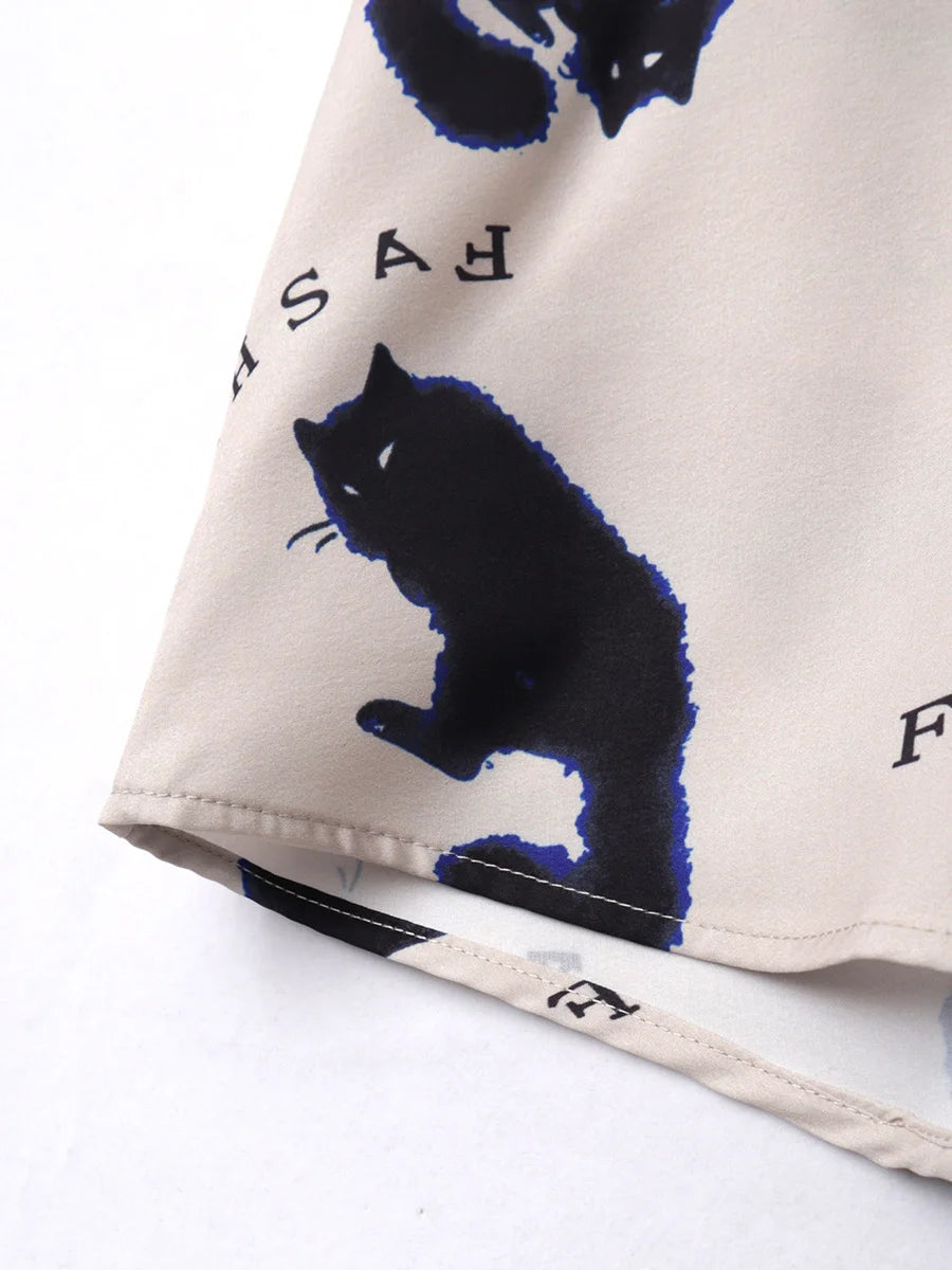 Oversized Loose Cartoon Cat Prinr Hawaii Short Men Shirt Casual Man American Printing Summer Versatile Couple Streetwear