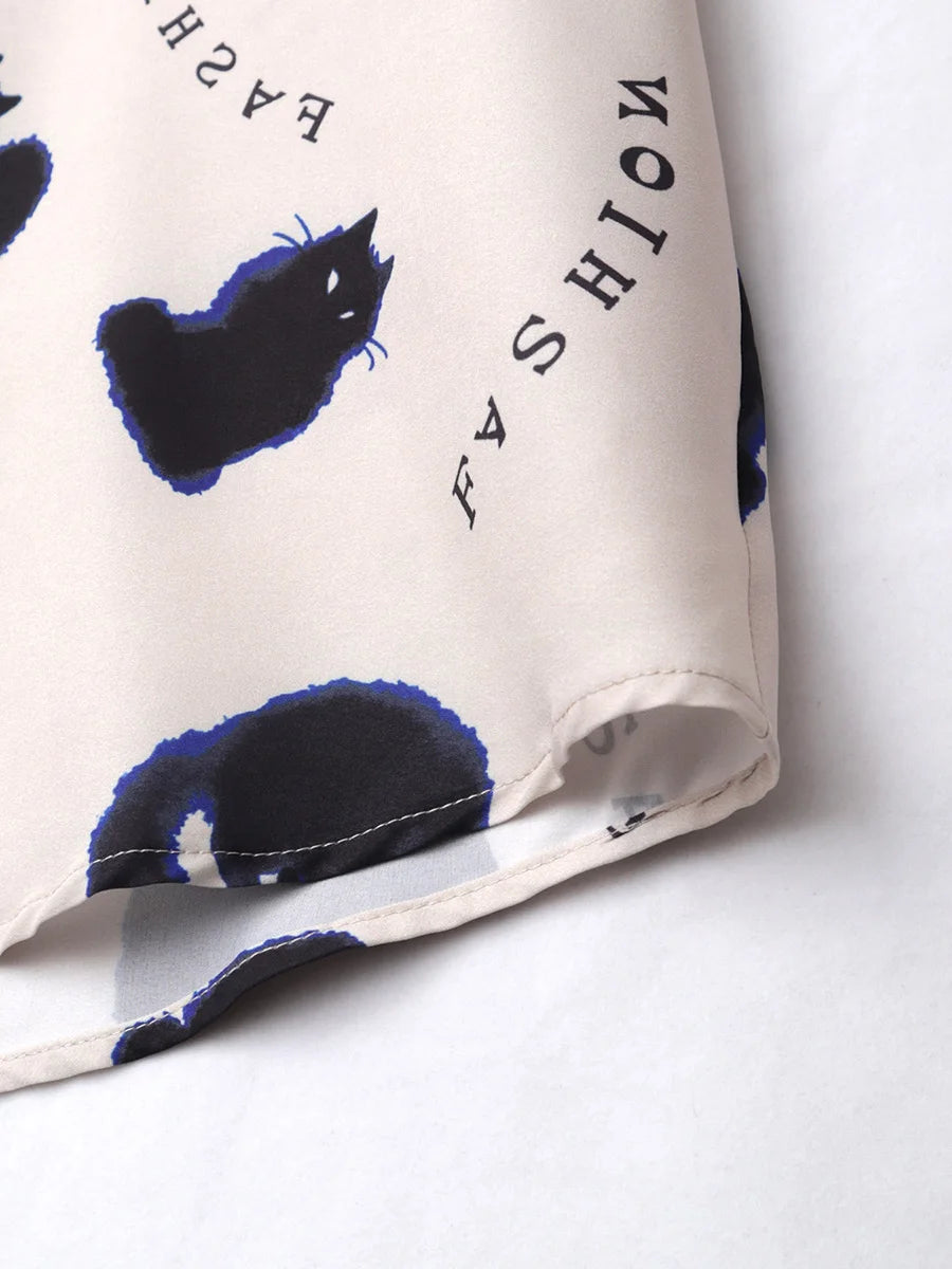 Oversized Loose Cartoon Cat Prinr Hawaii Short Men Shirt Casual Man American Printing Summer Versatile Couple Streetwear