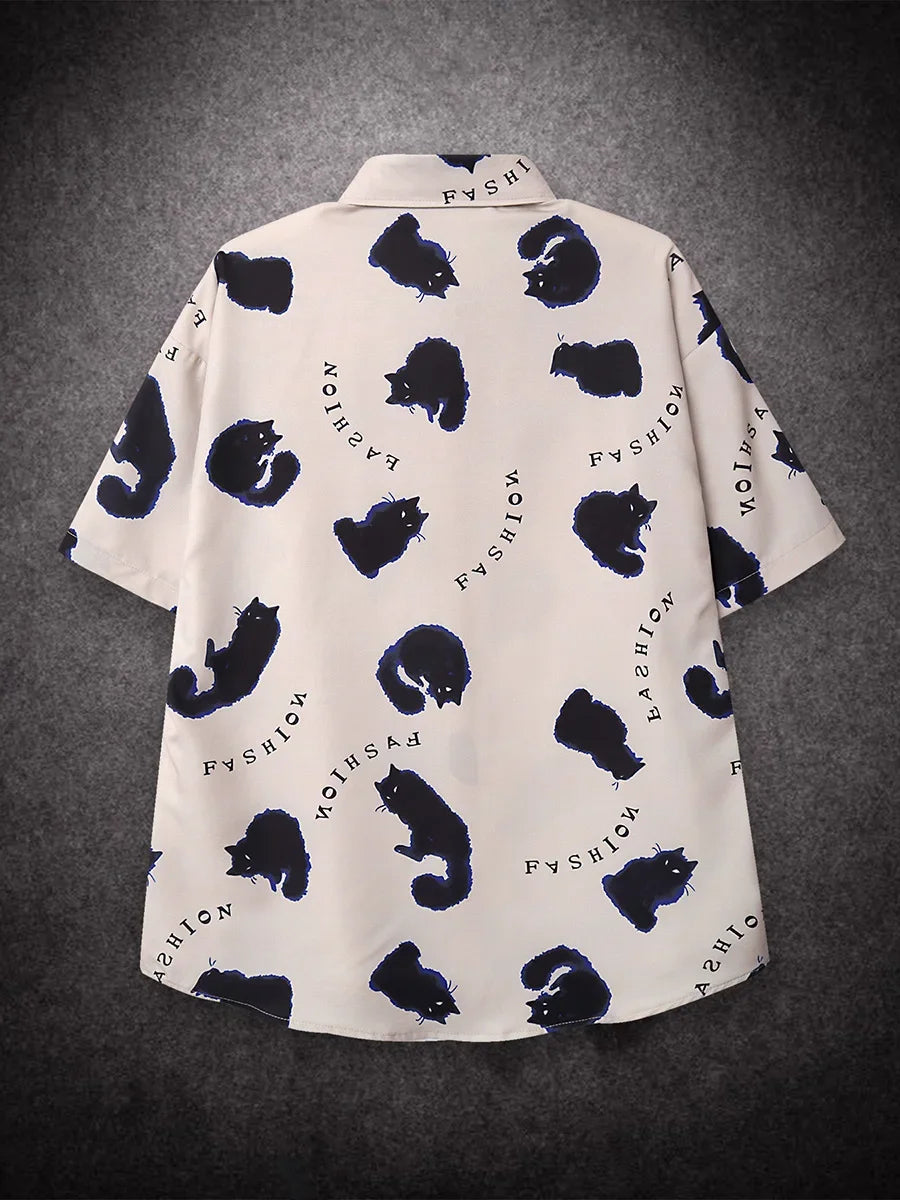 Oversized Loose Cartoon Cat Prinr Hawaii Short Men Shirt Casual Man American Printing Summer Versatile Couple Streetwear