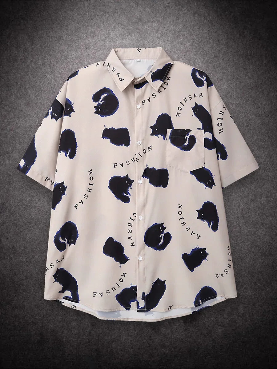 Oversized Loose Cartoon Cat Prinr Hawaii Short Men Shirt Casual Man American Printing Summer Versatile Couple Streetwear