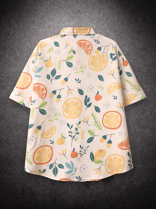 Oversized Loose Short Sleeve Shirt Men Orange Fruit Print Hiphop Casual Shirts for Summer Beach Hawaiian Clothing
