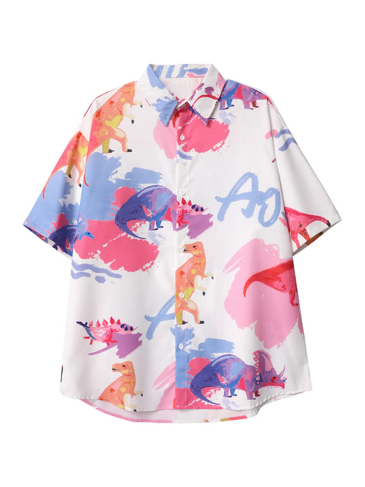 Printing Plus Size Womens Casual Man American Summer Fried Street Small Dinosaur Fashion Oversized Mens Shirts