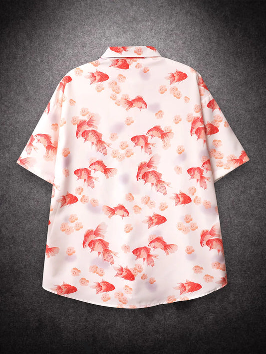 Oversized Loose Gold Fish Print Short Sleeve Shirt Men Loose Casual Shirts for Summer Hawaiian Clothing Streetwear