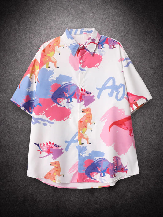 Printing Plus Size Womens Casual Man American Summer Fried Street Small Dinosaur Fashion Oversized Mens Shirts