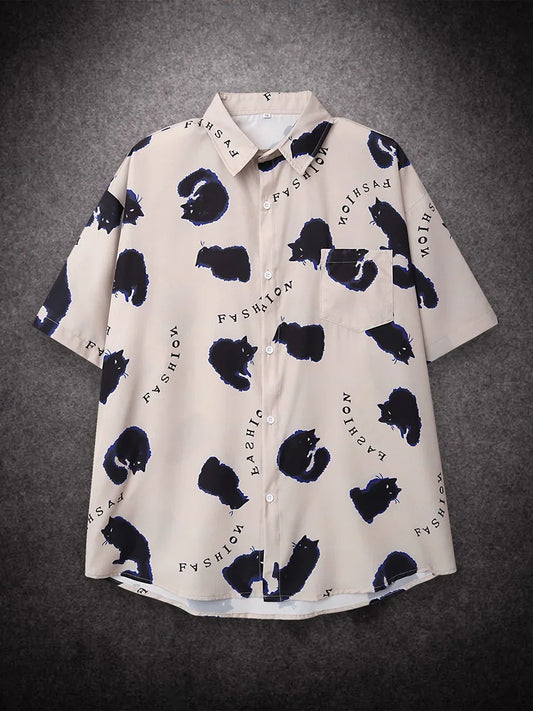 Oversized Loose Cartoon Cat Prinr Hawaii Short Men Shirt Casual Man American Printing Summer Versatile Couple Streetwear